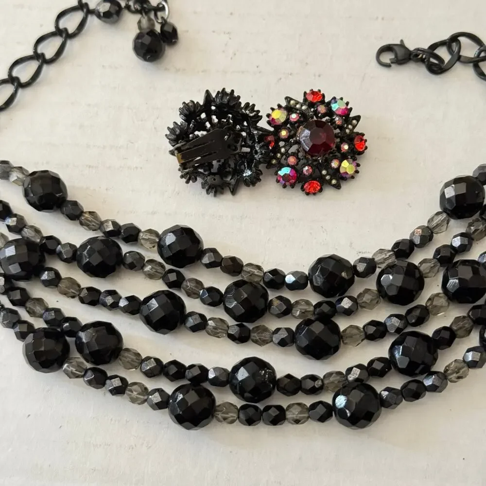 Vintage Black Jet Crystal Choker Necklace Clip Earrings Set Red Rhinestones